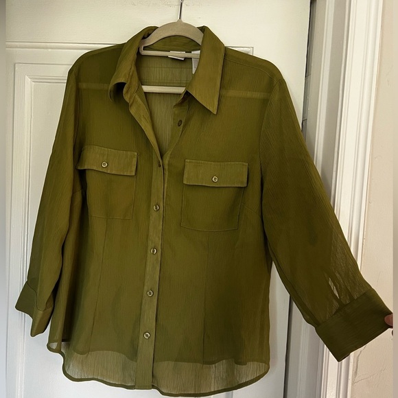 Emma James 16W Sheer Olive Green Blouse Plus Size Button Down Lightweight Top - Picture 3 of 8
